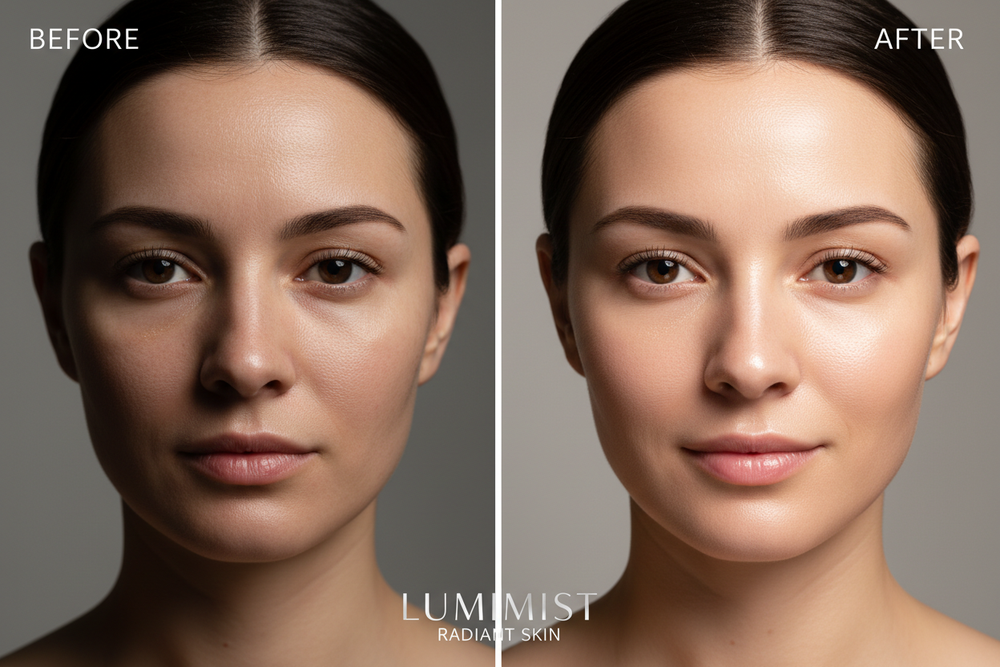 lumimist before and after photo but make it into half the after photo shine and the before photo has shade